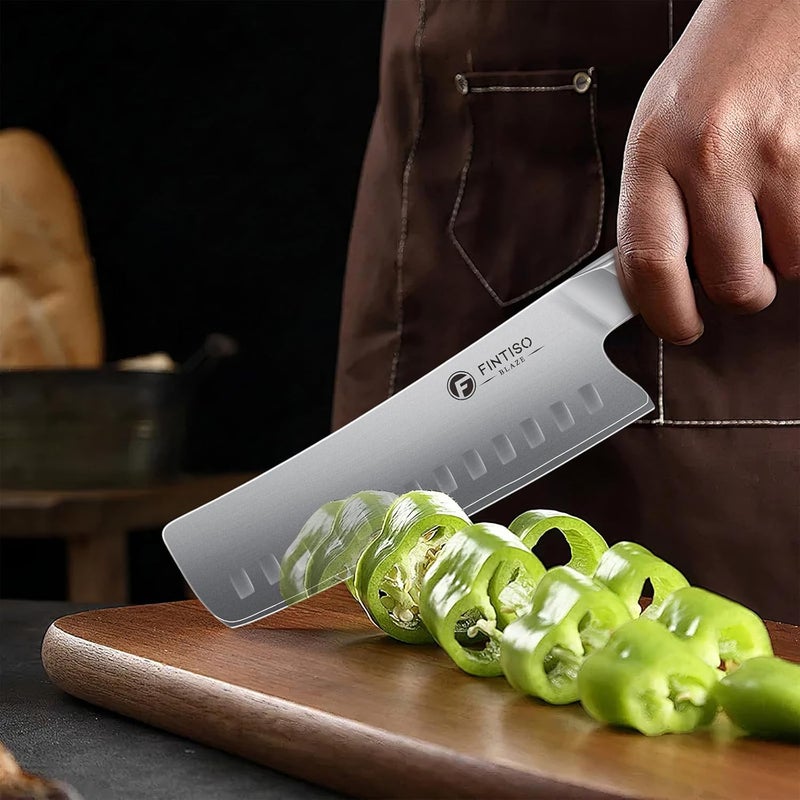 FINTISO 7" Nakiri Knife, Vegetable Chopping Knife with G10 Ergonomic Handle, Japanese High Carbon Stainless Steel Sharp Kitchen Cleaver in Gift Box - Image 4
